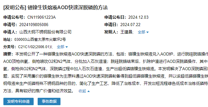 山西太鋼成功申請一項“鉻鎳生鐵熔液AOD快速深脫磷的方法”專利