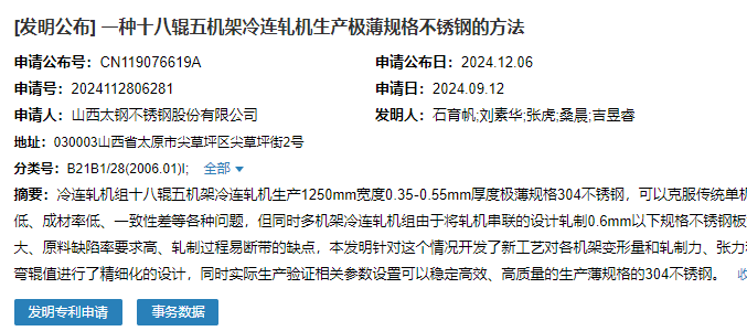 山西太鋼申請一種十八輥五機架冷連軋機生產(chǎn)極薄規(guī)格不銹鋼的方法專利